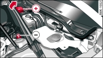 Compartimento del motor: Conexiones para cargador y cable de ayuda de arranque